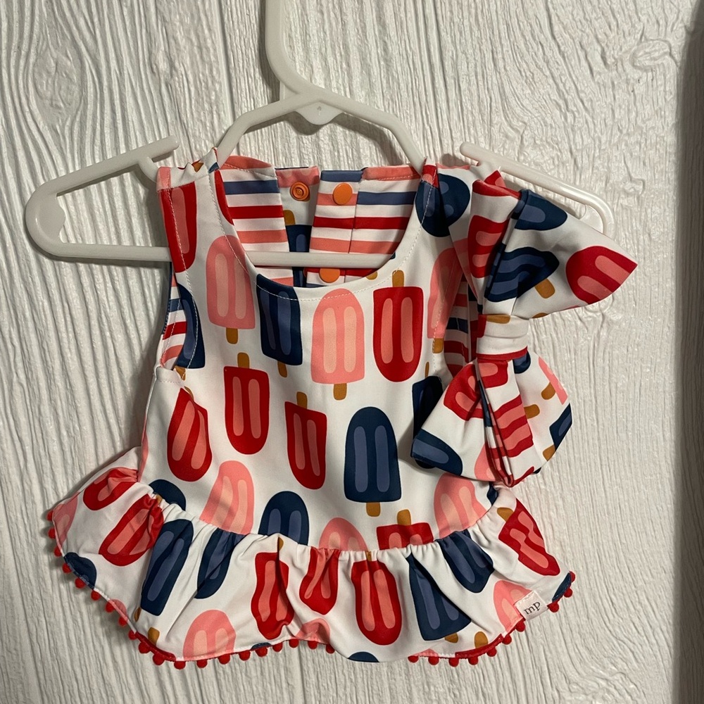 NEW Mud Pie Baby 3-6 month. Red, Navy, Pink Polka Dot & Stripe Swimsuit - Picture 2 of 4